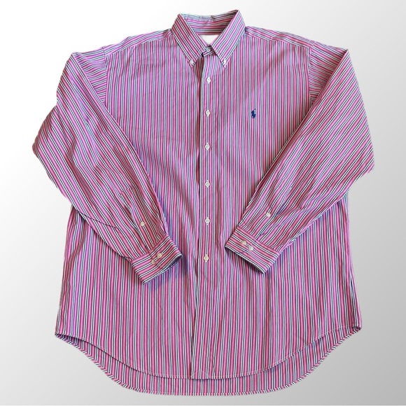 Ralph Lauren Shirt Men's L (16 1/2) Pink & Blue Stripe Classic Fit Button Down - Picture 2 of 9